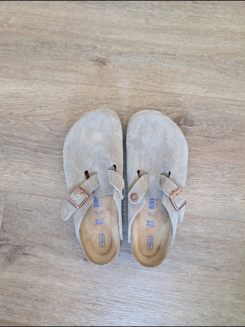Birkenstock Suede Taupe Boston Clogs With Rose Gold Buckles